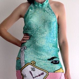 Philippe Albert 90s Vintage Sequin Surrealist Pop Art Halter Dress Emerald Pink